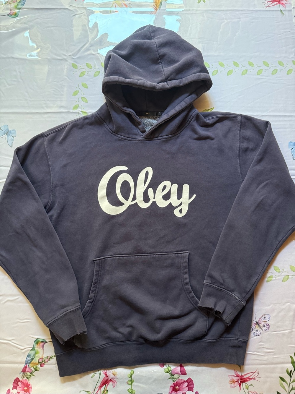 Obey Navy Blue Pullover Hoodie with White Script Logo